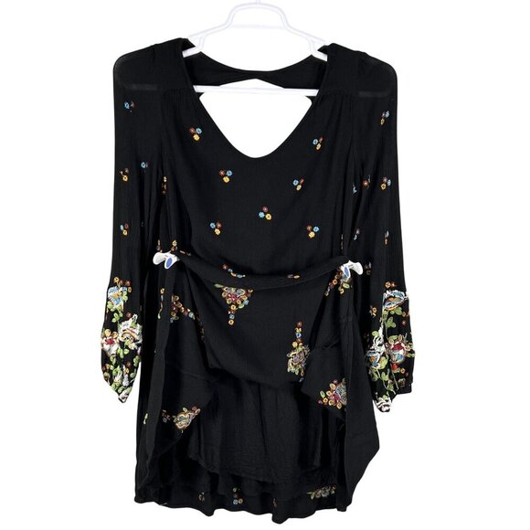 Free People Womens S Boho Floral Embroidered Oxford Black Mini Swing Dress - Picture 5 of 16